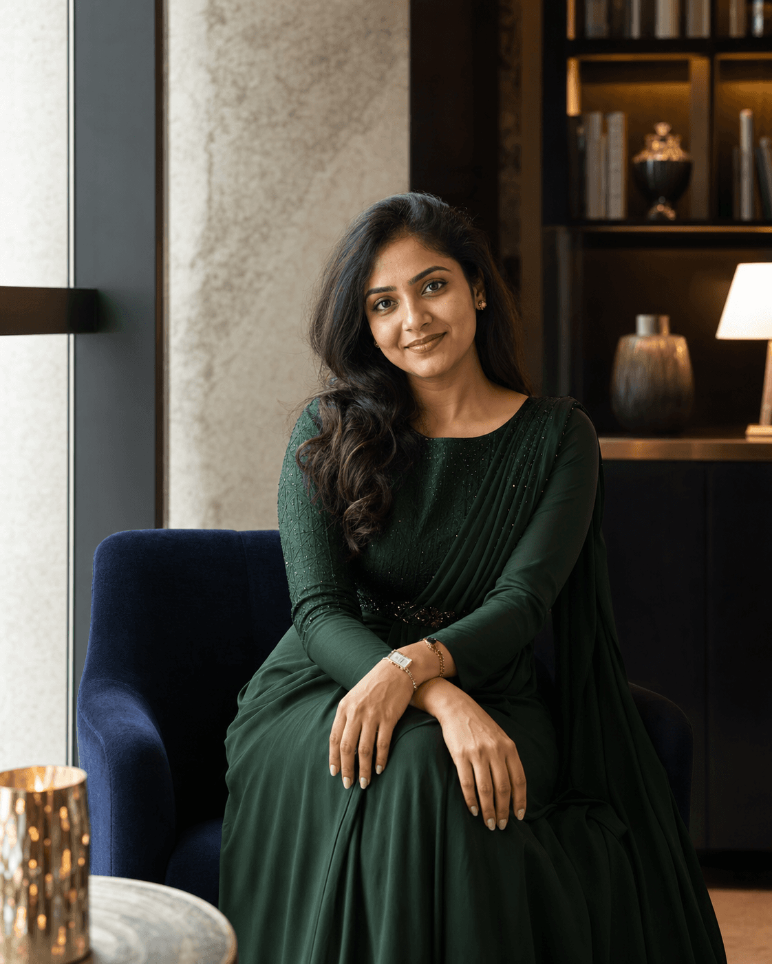Fictional adult demo portrait in a Bengaluru lounge